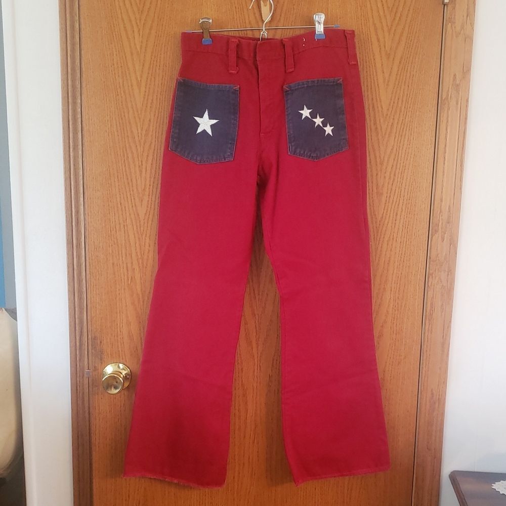 Vintage 1970s Wide-Leg Denim Jeans w/ Star Designed Pockets Sz 30" x 29"